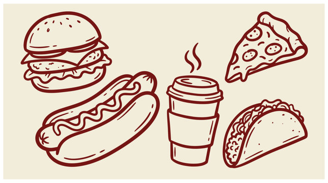 Collection of hand drawn fast food illustrations including burger hot dog coffee pizza and taco with burger illustration coffee cup pizza slice food doodles red sketches restaurant menu