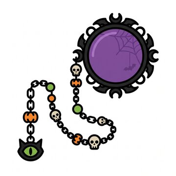 Gothic Halloween monocle with a purple lens, spiderweb detail, decorative black frame, and a chained skull lanyard with a cat eye charm.