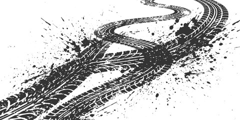 Obraz premium Diagonal winding grunge tire tracks background with intense dirty mud splatters and rough textured skid marks vector illustration.
