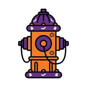 Spooky Halloween themed fire hydrant icon decorated with pumpkins bats and ghosts in vibrant orange and purple colors on a clean white background.