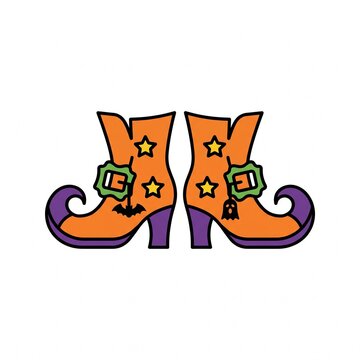 Playful orange and purple witch boots featuring curved toes, green buckles, yellow stars, and dangling bat and ghost charms isolated on a plain white background.