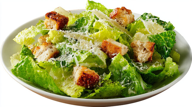 Fresh caesar salad with grilled chicken and crunchy croutons in a white bowl croutons parmesan.