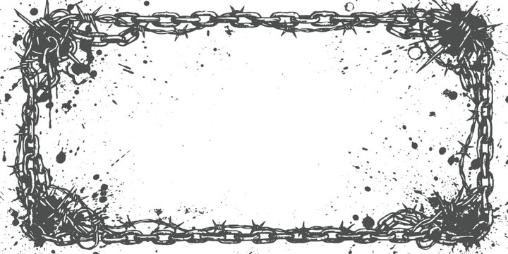 Grunge industrial chain and barbed wire border frame with ink splatters and distressed texture vector illustration.