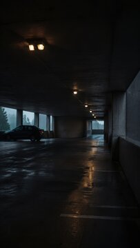 Dark parking garage interior with a single car parked under dim lighting, wet floor reflecting light, and large windows showing a gloomy outdoor environment