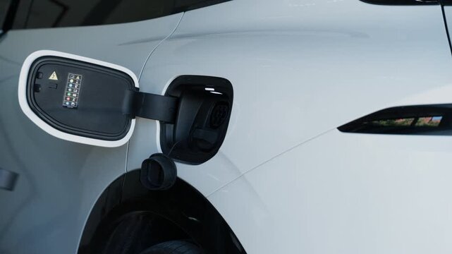 Person plugging in EV charging cable to white electric vehicle for sustainable energy transport.