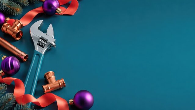 Silver adjustable wrench surrounded by purple Christmas ornaments, copper plumbing fittings, and red ribbon on a teal background, creating a festive holiday-themed composition