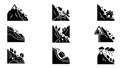Fototapeta premium Landslide icon set showing natural disaster scenarios and avalanche risks in mountains