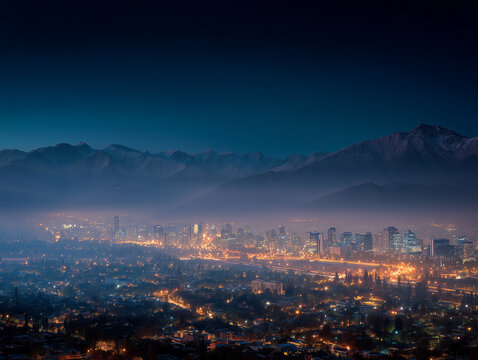 Night skyline of Santiago de Chile with sparkling city lights beneath the Andes Mountains, long exposure photography style, ultra realistic.