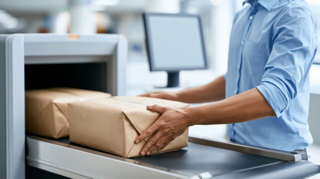 Male airport cargo worker places wrapped packages onto a conveyor belt for scanning, with a computer monitor visible in the background at a cargo facility