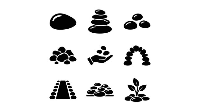 Stones and rocks vector icon set with spa zen balance stacks and pebble piles
