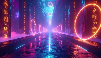 Fototapeta premium Neon rings in futuristic cyberpunk city street.