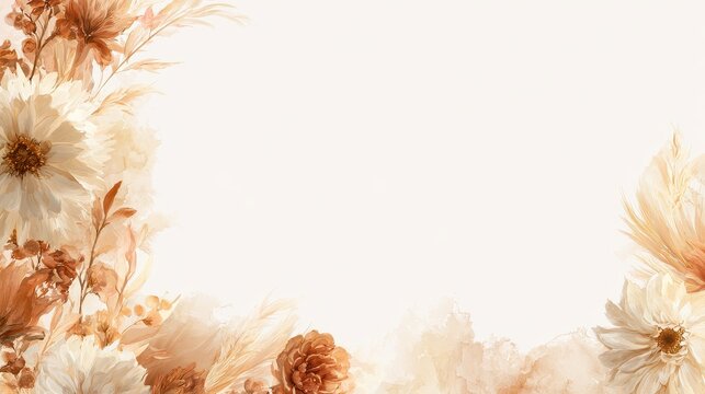 Rustic boho watercolor backdrop concept. Autumnal floral border with warm brown and beige leaves and flowers.