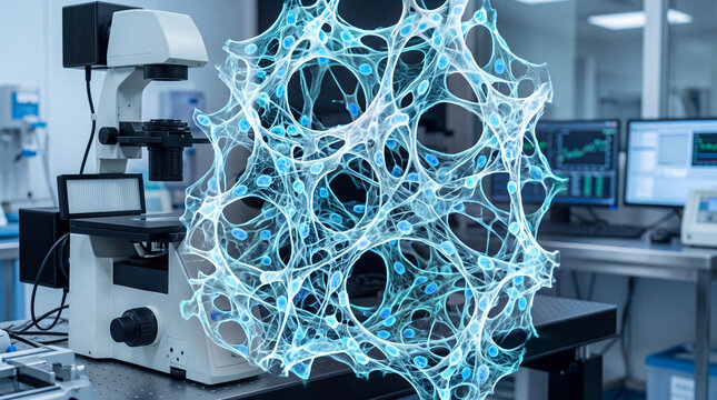 Modern scientific laboratory with electron microscope and digital 3D cell structure overlay, concept of biotechnology research, microbiology, cancer cell analysis, and nanotechnology.