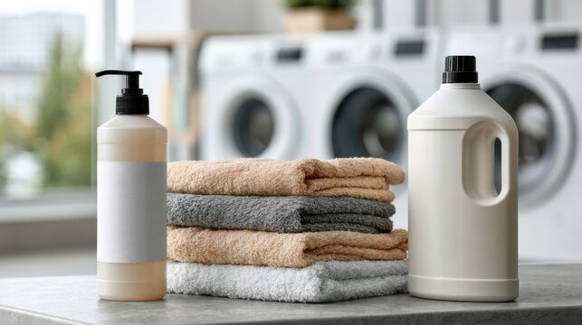 Sustainable laundry setup featuring stacked towels in neutral colors alongside eco-friendly detergent and fabric softener bottles on a countertop in a modern laundry room