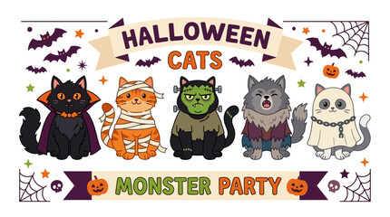 Fototapeta premium Cute Halloween Cats Monster Party Illustration