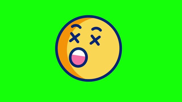 Dead face emoji animated icon on green screen background, showing dizzy knocked out expression with cross eyes