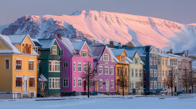 Winter in Reykjavik featuring colorful houses covered with light snow, majestic mountains, soft daylight, cozy Scandinavian atmosphere