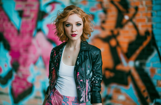 Young woman with curly red hair posing in colorful graffiti background