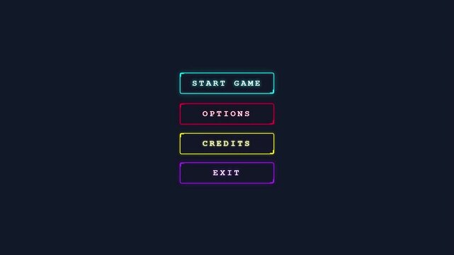 Pixel art game menu interface buttons start options credits exit 8-bit retro gaming aesthetic neon glow cyberpunk ui elements asset for gamers interface ui