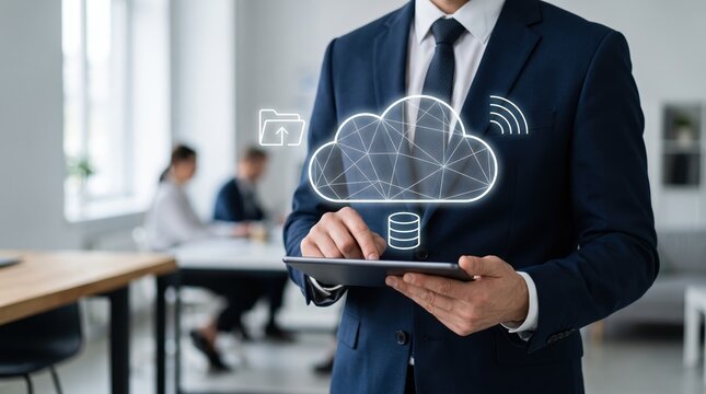 Businessman holding tablet with futuristic cloud computing hologram interface, digital data storage and wireless network connection, corporate IT technology solution