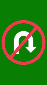 No u-turn traffic sign animation on green screen for easy chroma key compositing uturn