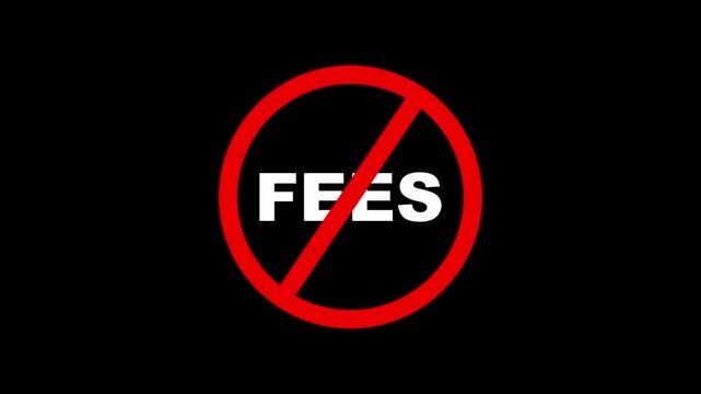 No fees sign concept, financial savings and zero cost symbol animation on black background, finance