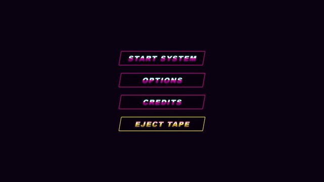 Retro game interface menu buttons 80s neon vaporwave vhs aesthetic motion graphic ui elements for gaming content