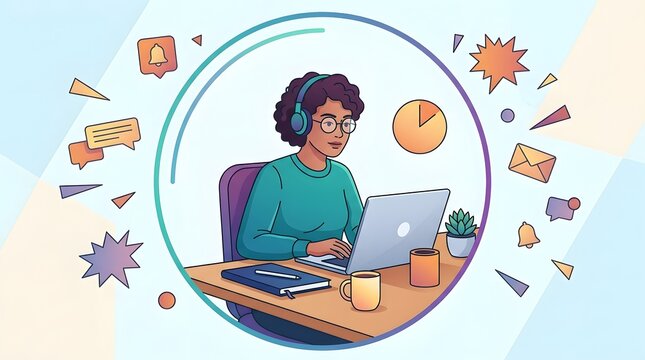 Woman working on laptop at desk with floating communication icons and notification symbols vector illustration