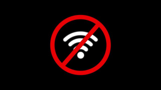 No wi-fi symbol animation: disconnected internet connection sign for digital communication issues offline with alpha channel black background. 4k video