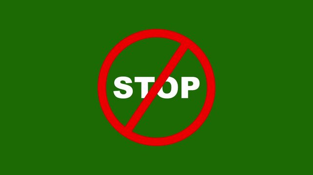 Stop sign animation on green screen background, for easy chroma, key compositing symbol, warning caution with alpha channel green background. 4k video