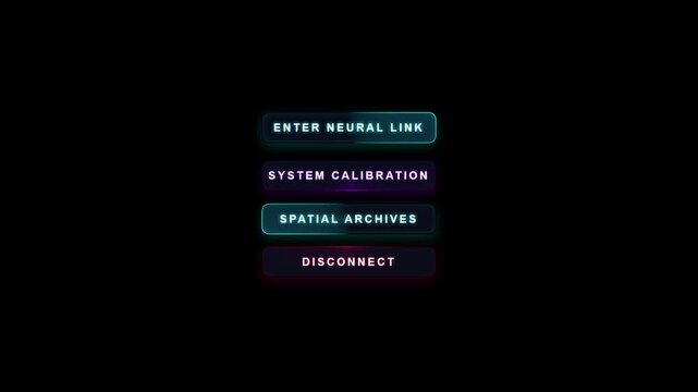 Futuristic sci-fi game menu user interface buttons neon holographic cyberpunk digital tech aesthetic gaming overlay motion graphics streaming asset