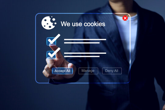 cookies policy concept by businessman setting term and policy on virtual interface before accept cookies on web browser