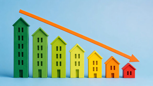 A downward sloping orange arrow spans across a row of decreasingly sized wooden toy houses, illustrating a real estate market decline. Real estate concept.
