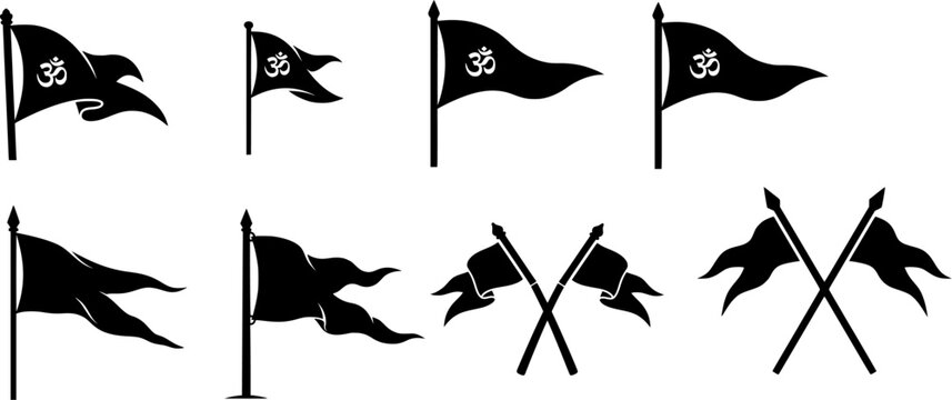 Om symbol flag set black silhouette bhagwa dhwaj triangular waving flags crossed flags Hindu religious icons collection vector isolated on white background