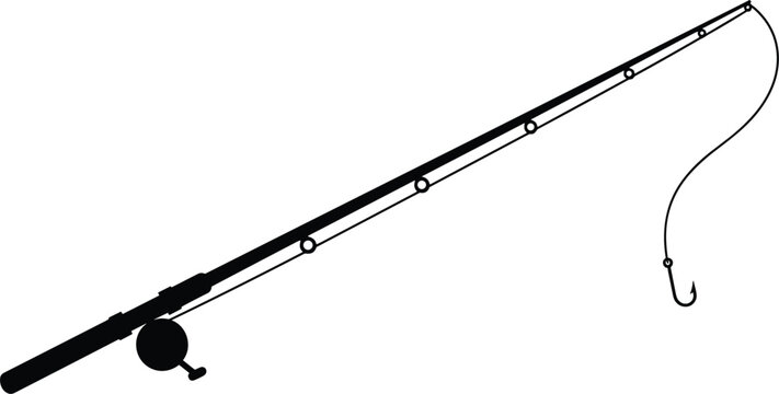 Fishing rod silhouette icon with reel line and hook representing outdoor sport recreation hobby catching fish concept.