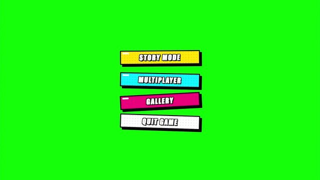 Retro game menu interface buttons story multiplayer gallery quit colorful pixel art style cartoon aesthetic chroma key green screen overlay for gaming creators