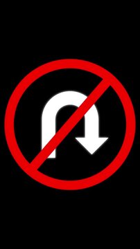 No u-turn traffic sign animation on black background, for road safety, and navigation projects, street prohibition with alpha channel. 4k video