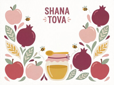 Shana Tova Rosh Hashanah Jewish New Year Celebration Greeting Card Design Featuring Cute Honey Pot Apples Pomegranates And Bees Vector Illustration Festive Flat Graphic Elements, Holiday Social Banner