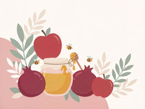 Rosh Hashanah Holiday Greeting Card Background, Apples Pomegranates Honey Jar Dipper And Cute Bees Flat Illustration Jewish New Year Shana Tova Celebration Symbols Design Element , Banner, Poster Post