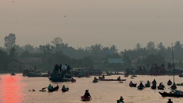 Morning trading activity at the Lok Baintan floating market, South Kalimantan.