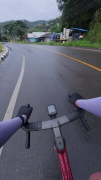 View from a cyclist's perspective on a wet road surrounded by greenery, showcasing a rainy day in the countryside.
