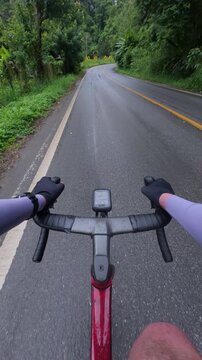 First-person view of a cyclist riding through a winding, wet road surrounded by lush greenery.