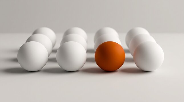 Stand out from the crowd concept with a single different orange ball among many white ones