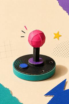 Retro arcade gaming and 1980s nostalgia pictured as a handmade cardboard joystick and button crafted from painted paper and torn shapes
