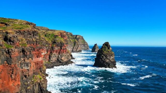 Stunning cinematic drone shot capturing rugged coastal cliffs meeting deep blue ocean waves hitting sharp rocks in beautiful sunny weather on remote island.