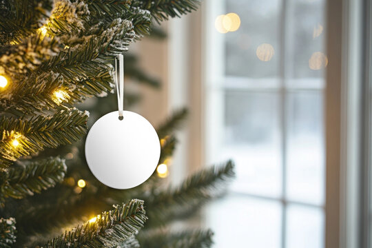 Festive ornament mockup in Christmas tree, transparent design
