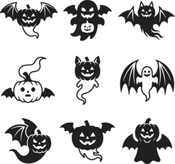 Fototapeta premium Set of cute outline Halloween pumpkin ghost line art icons