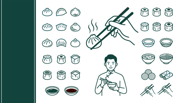 Chinese food dumplings and dim sum vector icon set, including steamed buns, soup dumplings, egg tarts, and noodles
