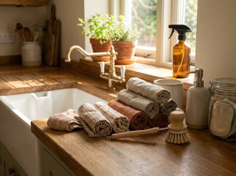 reusable kitchen accessories Rustic kitchen countertop with folded towels, cleaning supplies, and plants.