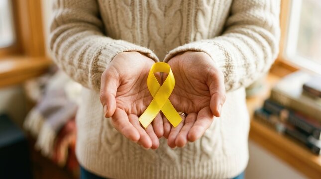 Person holding a yellow awareness ribbon in their cupped hands